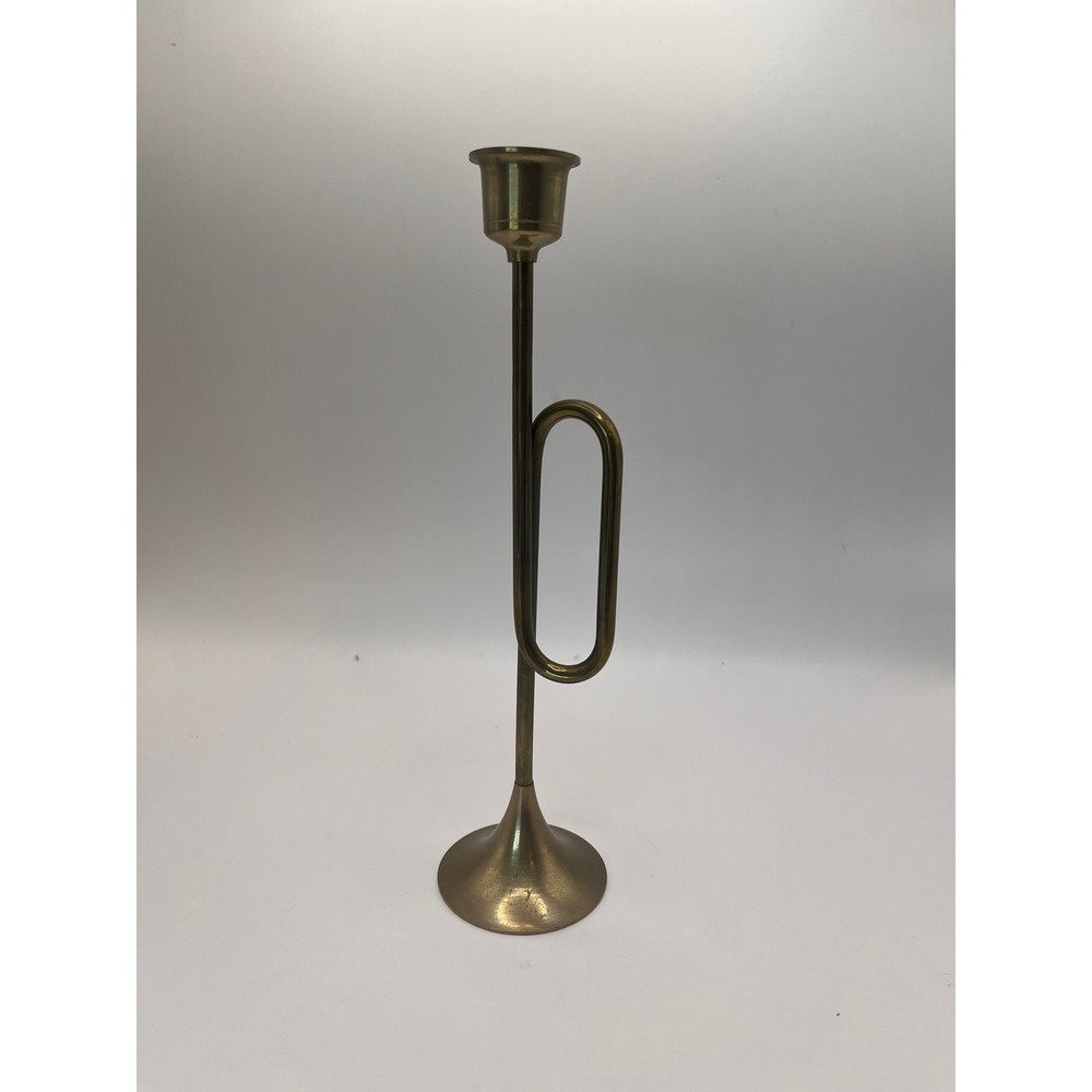 Vintage Solid Brass Trumpet Bugle Taper Candlestick Holder Christmas Decor 9"